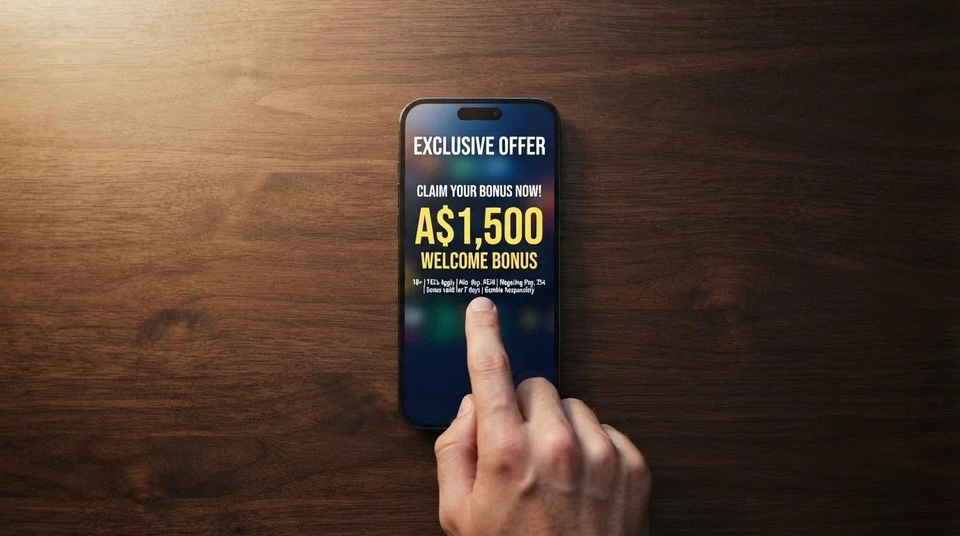 An iPhone screen showing a casino promotions page with a large dollar figure and a finger pointing at the small-print wagering conditions