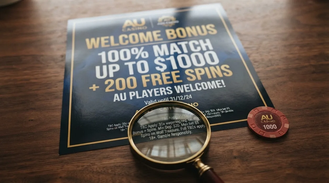 A welcome-bonus banner displaying a percentage match and free-spins count, with fine-print terms highlighted.