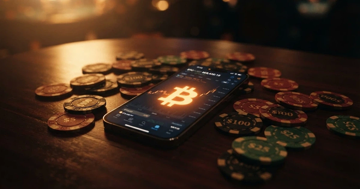 A Bitcoin symbol glowing on a smartphone screen with casino chips scattered around it, set against a dark background