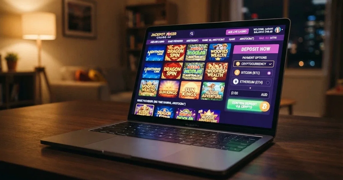 A laptop screen displaying an online casino lobby with a Bitcoin Cash deposit option highlighted alongside pokie thumbnails