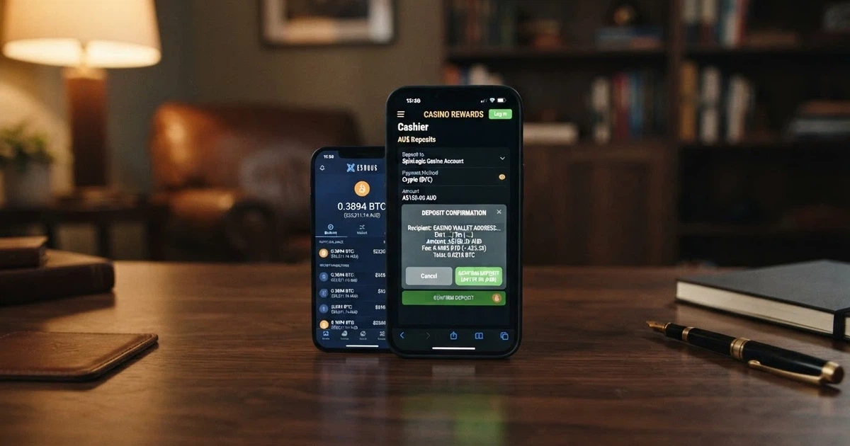A smartphone screen displaying an Ethereum wallet balance next to an online casino cashier page with a deposit confirmation dialogue open