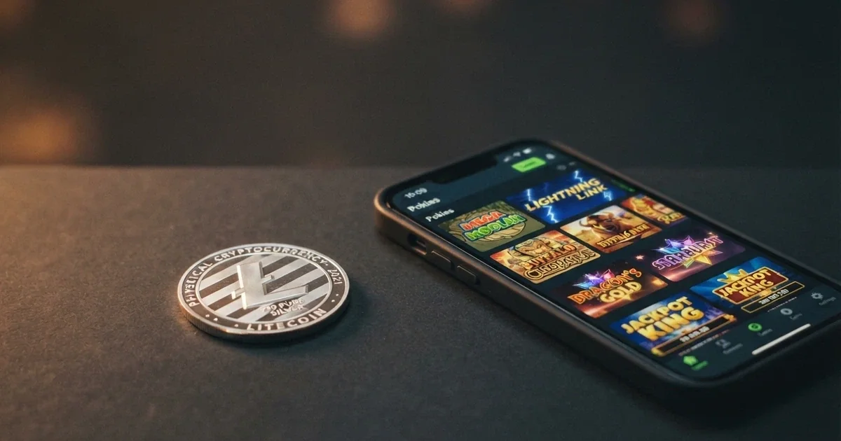 A Litecoin token on a dark background beside a smartphone showing a casino lobby with pokies thumbnails