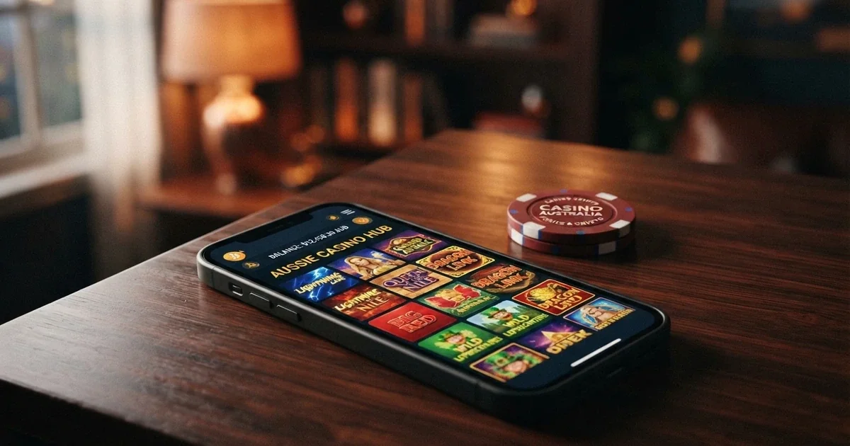 A smartphone screen displaying a USDT wallet balance beside a casino lobby with pokie thumbnails visible.