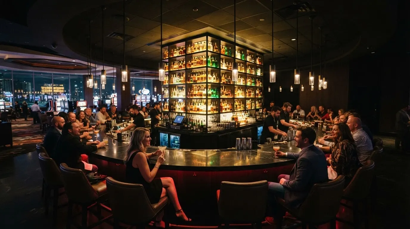 Cherry's 360-degree bar on Level 5 with backlit bottles, mood lighting and patrons at the circular counter