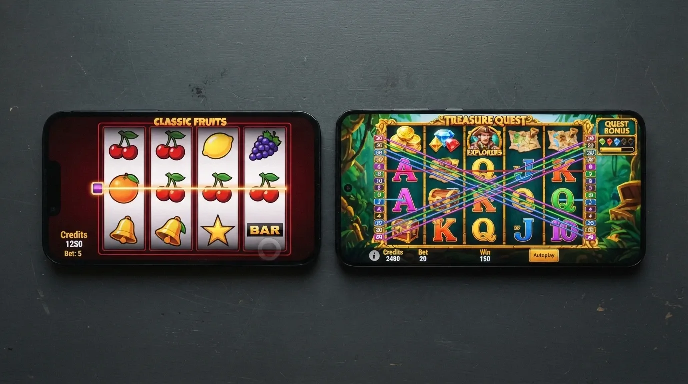 a side-by-side comparison of a three-reel pokie screen and a five-reel video slot screen showing the difference in paylines and features