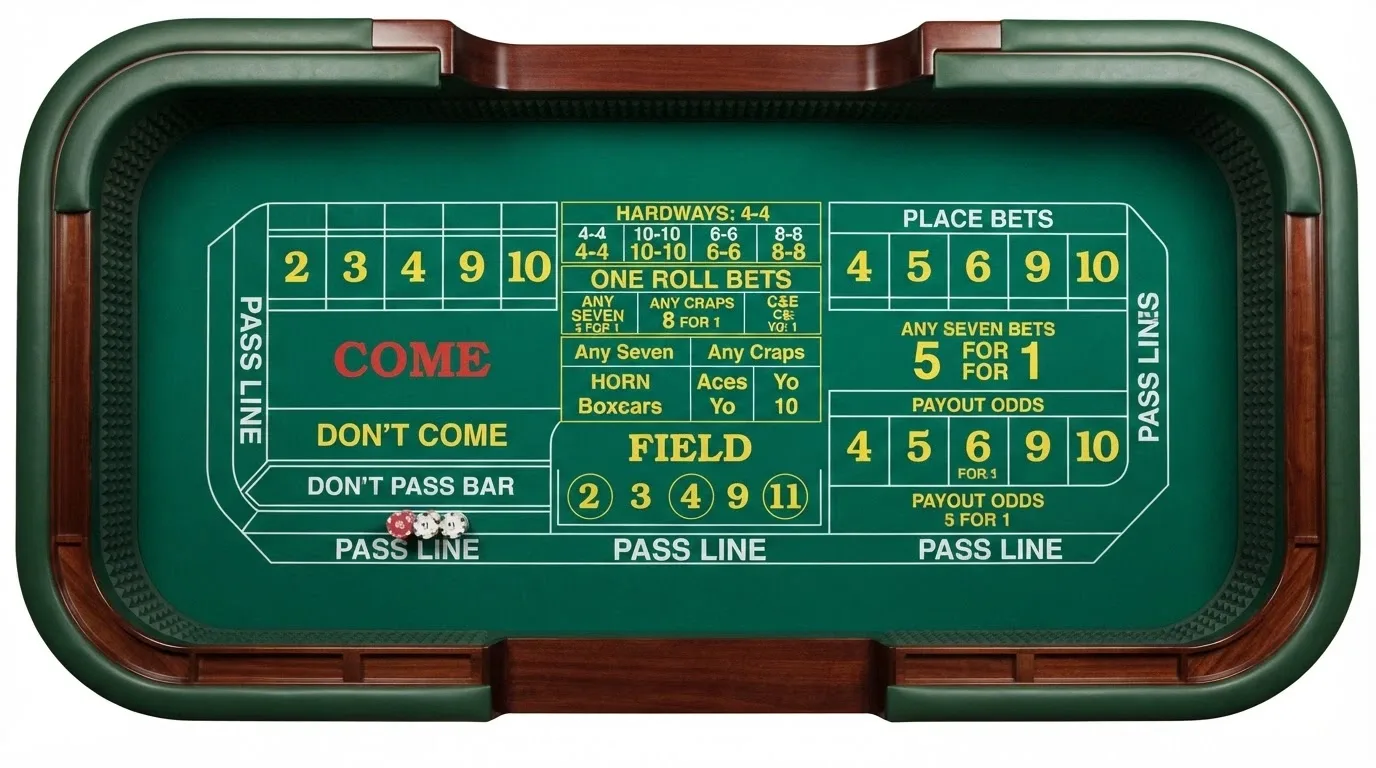 A labelled overhead view of an online craps table showing the Pass Line, Don't Pass Bar, Come, Field and proposition bet zones with chip stacks on the Pass Line