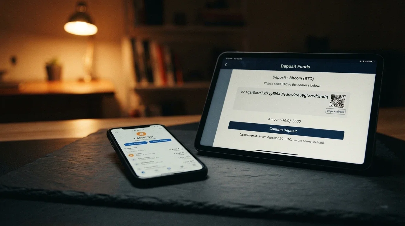 A smartphone displaying a crypto wallet balance next to a casino deposit screen with a bitcoin address