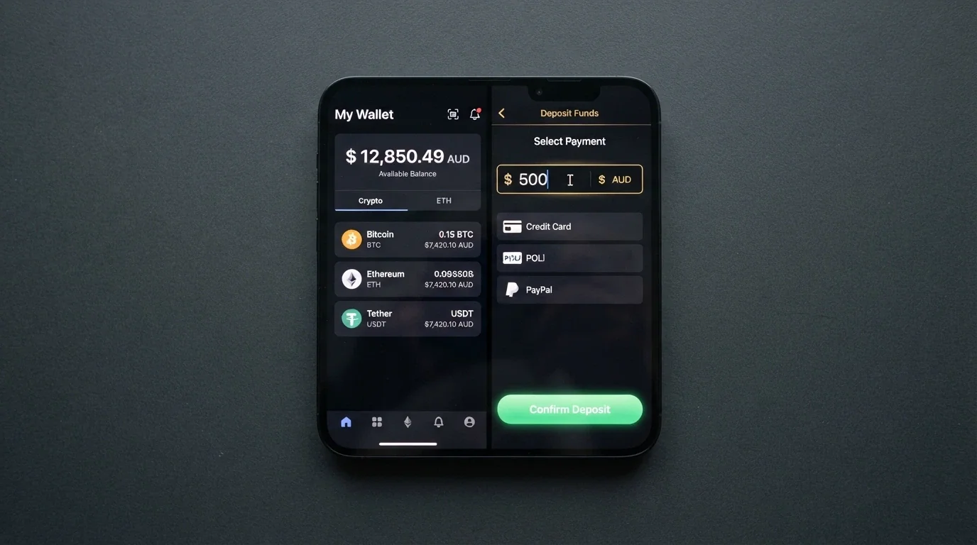 A smartphone displaying a cryptocurrency wallet app next to a casino deposit screen showing Bitcoin and Ethereum options
