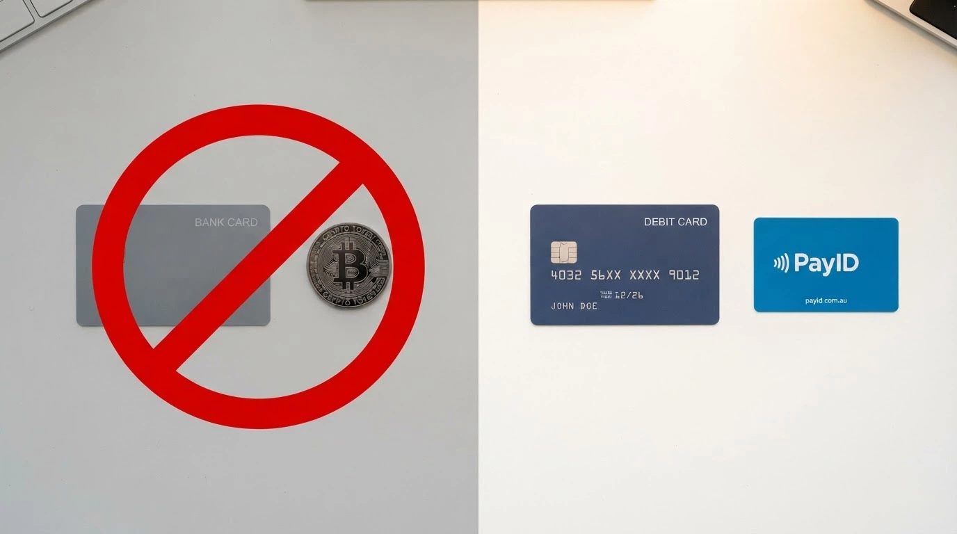 A credit card and a Bitcoin logo with a red prohibition symbol beside a debit card and PayID logo marked as accepted