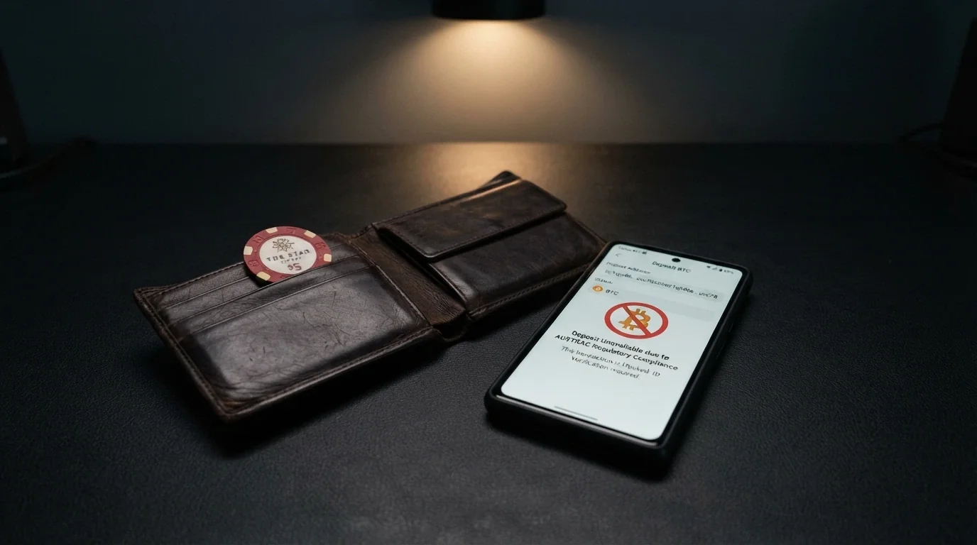 A wallet with Australian banknotes partly visible next to a smartphone showing a cryptocurrency deposit screen crossed with a red warning symbol, the ACMA logo in the corner
