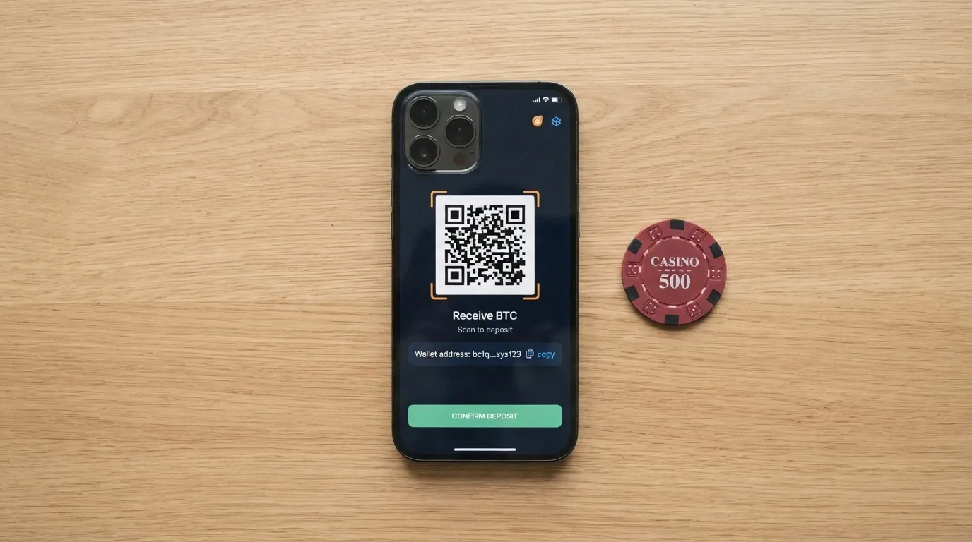 A smartphone showing a cryptocurrency wallet QR code beside a casino deposit screen, no identifying information visible