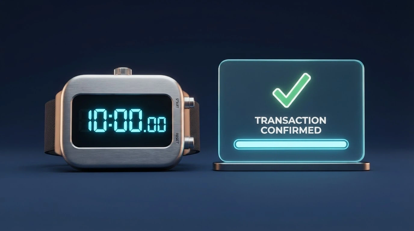 A stopwatch next to a blockchain transaction confirmation screen, showing a completed transfer