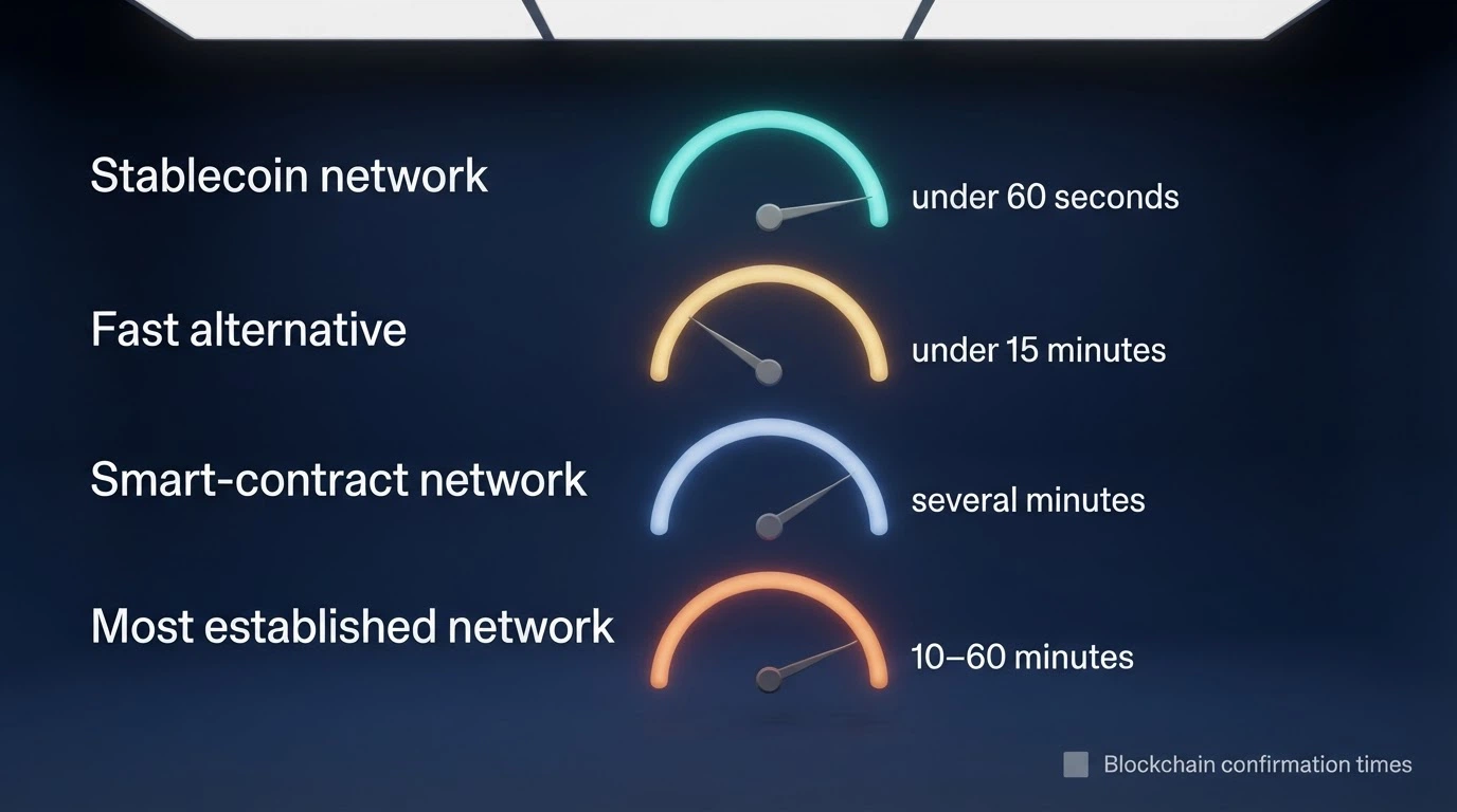 A speedometer visual comparing withdrawal timelines across Bitcoin, Ethereum, USDT and Litecoin networks