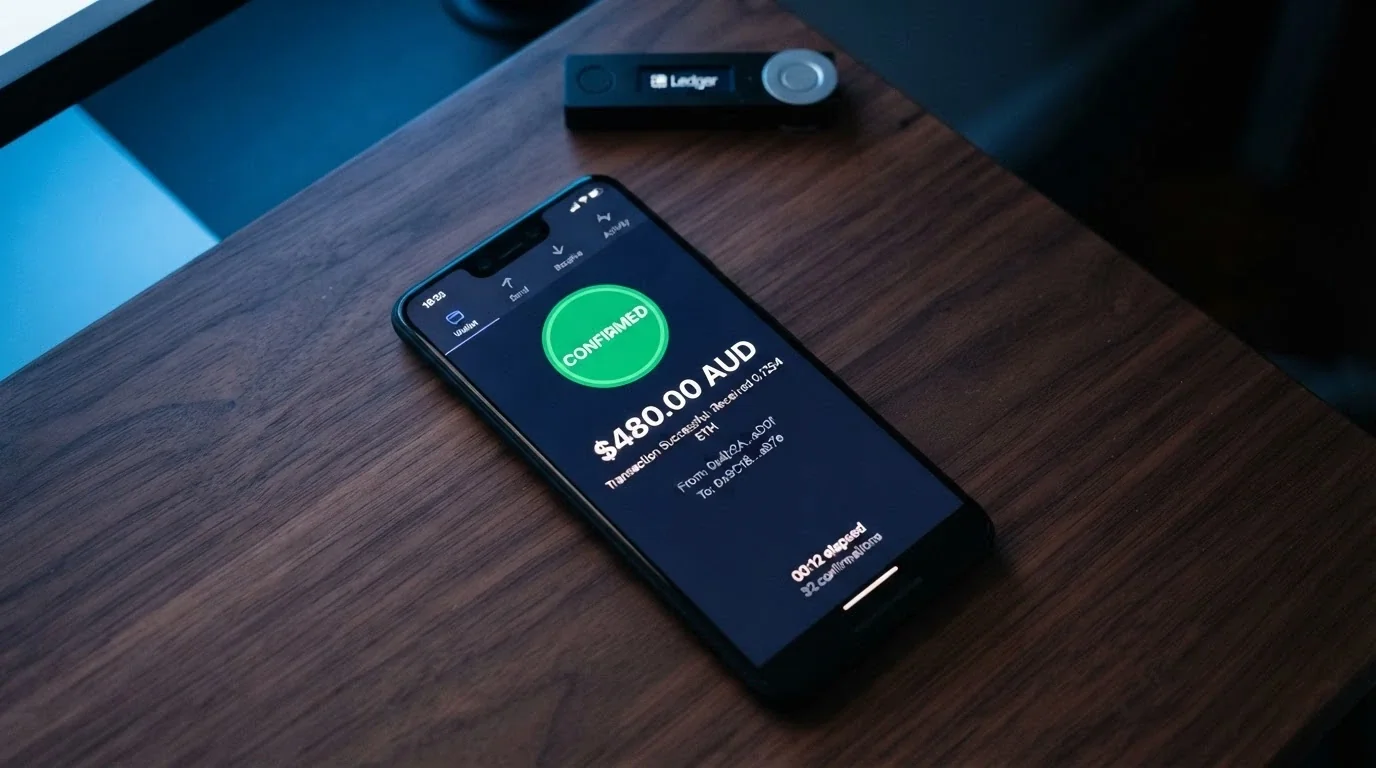 A smartphone displaying a crypto wallet app with a casino withdrawal transaction confirmed, showing a timestamp under 15 minutes old and an AUD-equivalent value