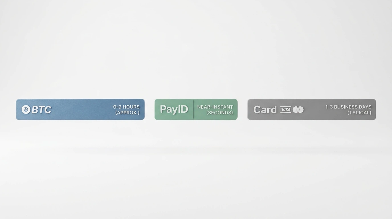 A comparison visual showing three payment methods side by side — Bitcoin, PayID and card — with estimated processing times as horizontal bars