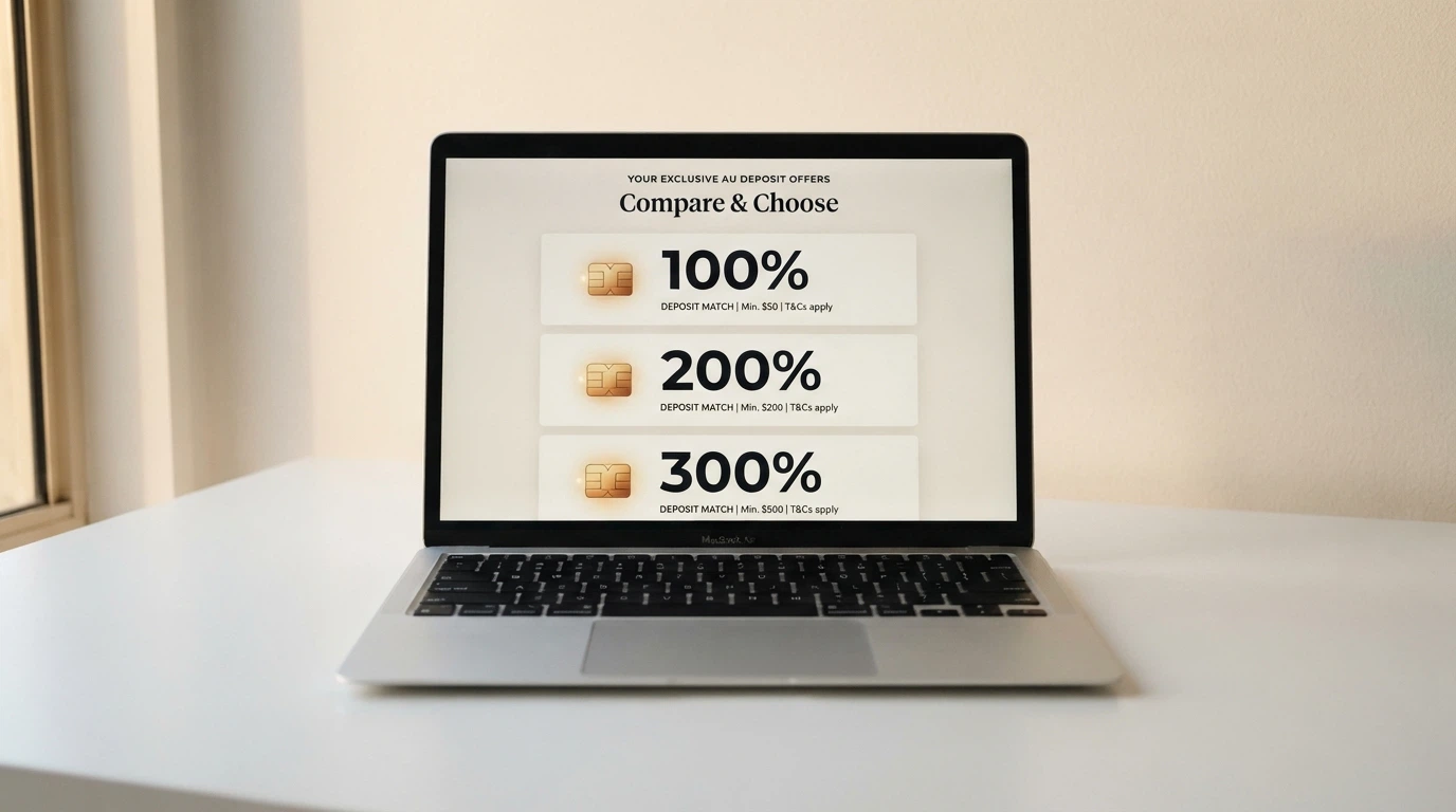 Casino promotions page listing deposit match percentages at the $5–$30 threshold