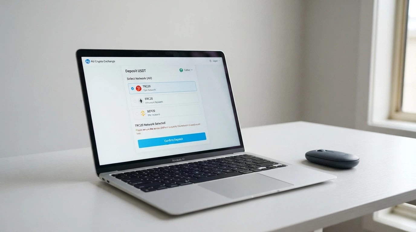A laptop showing a cryptocurrency deposit interface with TRC20, ERC20 and BEP20 network options listed.