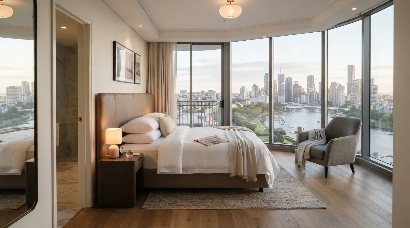 A premium hotel room at Eos by SkyCity with floor-to-ceiling windows, king bed, and views over the Adelaide Riverbank