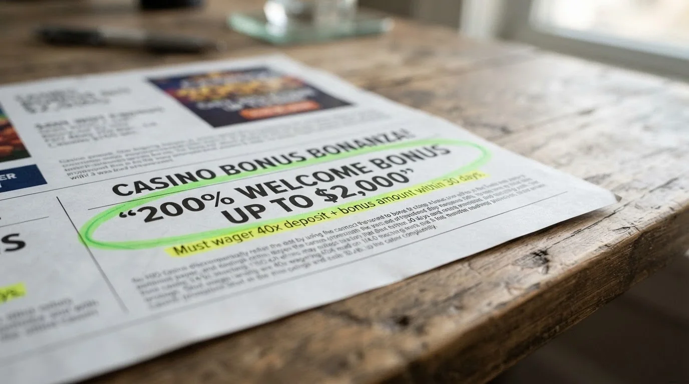 A close-up of a casino promotions page with the headline bonus percentage circled in green and the wagering-requirement fine print highlighted below it in yellow