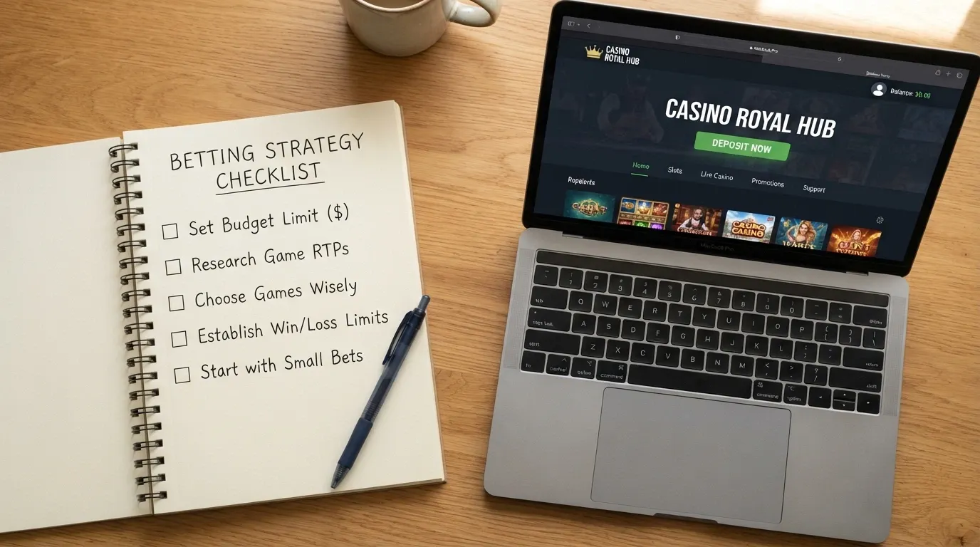 A notepad or checklist with five items, each with a tick box, next to a laptop showing an ETH casino homepage