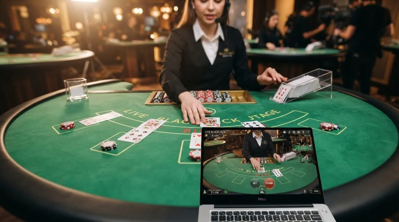 A live blackjack table stream with a dealer mid-deal, overlaid with a subtle Ethereum logo indicating the deposit method