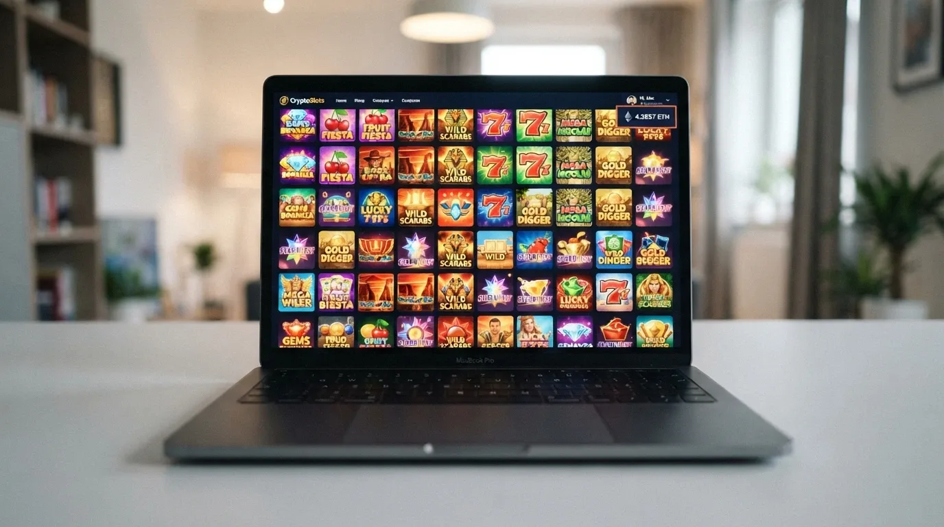 A game-lobby grid showing pokie thumbnails with an ETH balance displayed in the top-right corner of the screen