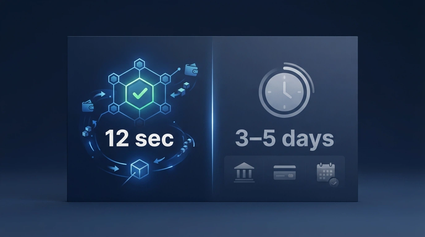 A side-by-side visual showing an Ethereum blockchain transaction confirmation on the left and a bank transfer pending screen on the right, with a clock icon between them