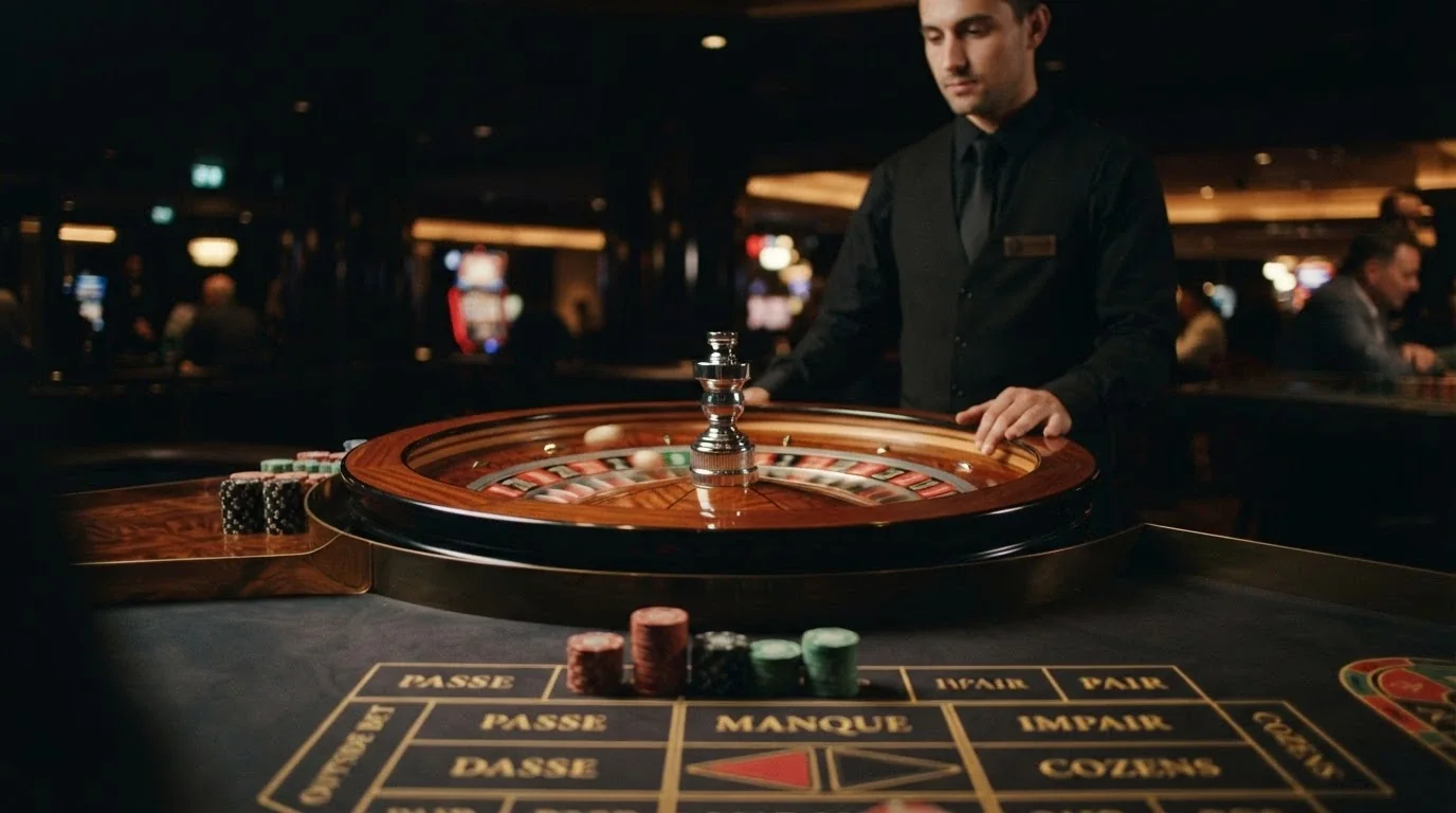 A European roulette wheel mid-spin with a dealer behind it, the single-zero pocket visible, studio lighting
