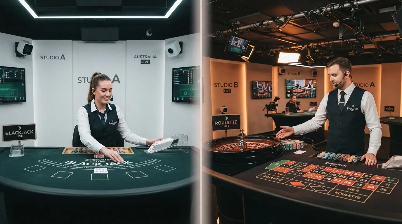 Split composition showing an Evolution-branded studio on one side and a Pragmatic Play Live table on the other, both with dealers in frame