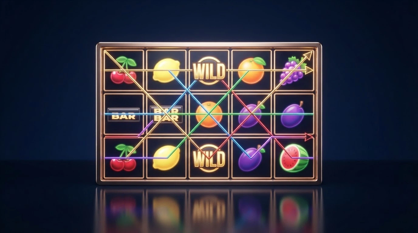 An illustrated 5×3 pokie grid with paylines drawn across it, showing left-to-right and win-both-ways payout paths