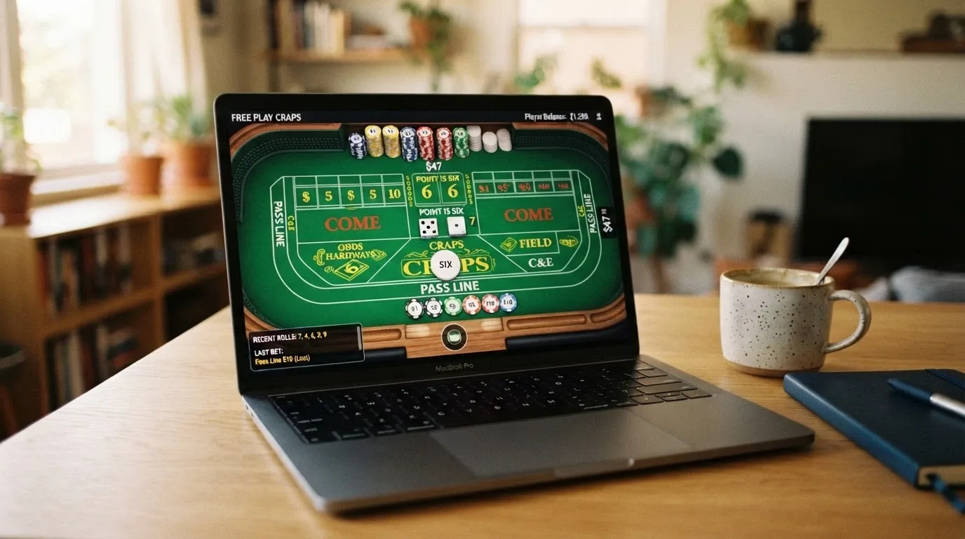 A free-to-play craps interface with virtual chips stacked on the Pass Line, the point marker showing a 6 and the bet history visible in the corner