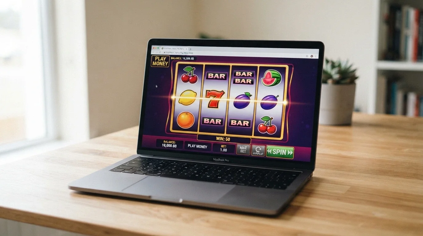 a browser-based 3-reel pokie in demo mode with a play-money balance displayed in the corner