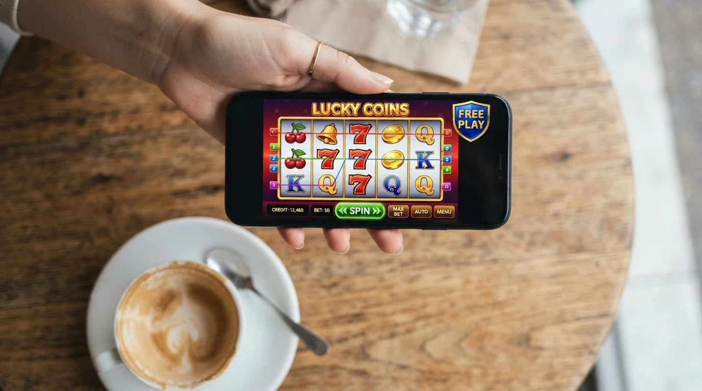 A phone held in a relaxed hand at a café table, showing a bright pokies game with a “FREE PLAY” badge and a coin balance that reads “Fun Credits,” no dollar sign in sight