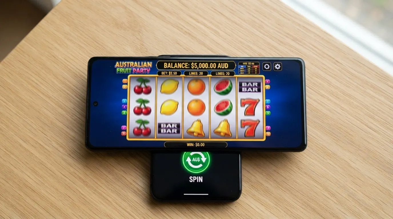 A phone screen showing a pokies game in demo mode with a virtual-credit balance displayed and the spin button highlighted