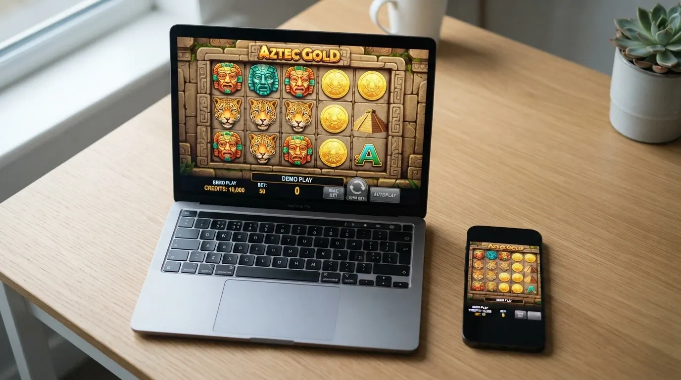 A laptop and phone screen both showing the same 5-reel pokie in demo mode with a virtual-credit balance visible
