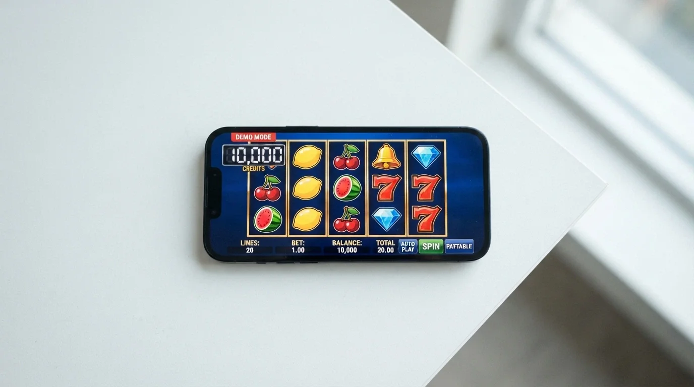 A pokies game screen on a phone showing a large play-money balance of 10,000 virtual credits and a clearly visible “DEMO MODE” badge in the corner