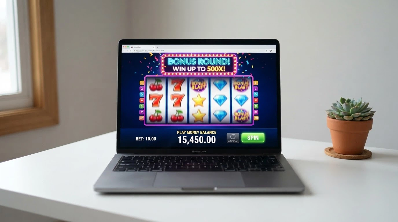 A browser window showing a popular online pokie in demo mode with a play-money balance and a free-spin feature activated