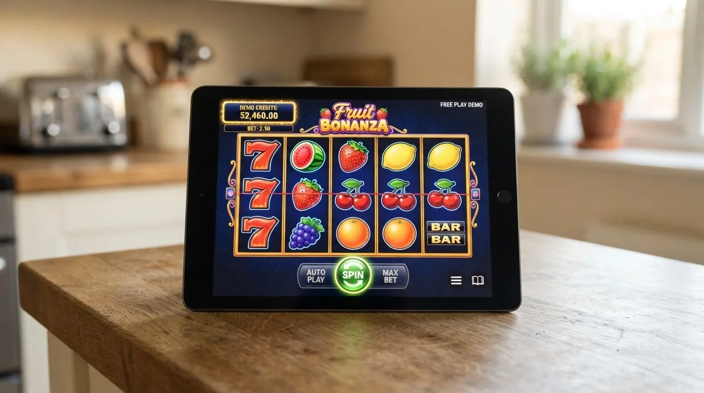 An iPad screen showing a free-play pokie with a demo-credit balance displayed, no deposit prompt visible