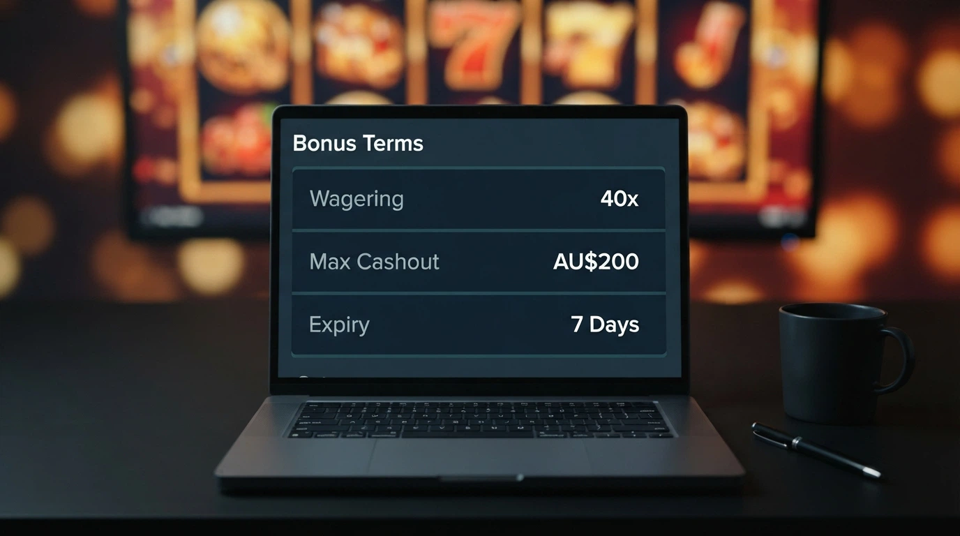 A close-up of a bonus terms panel listing wagering requirements, max cashout and expiry against a pokie-reel backdrop