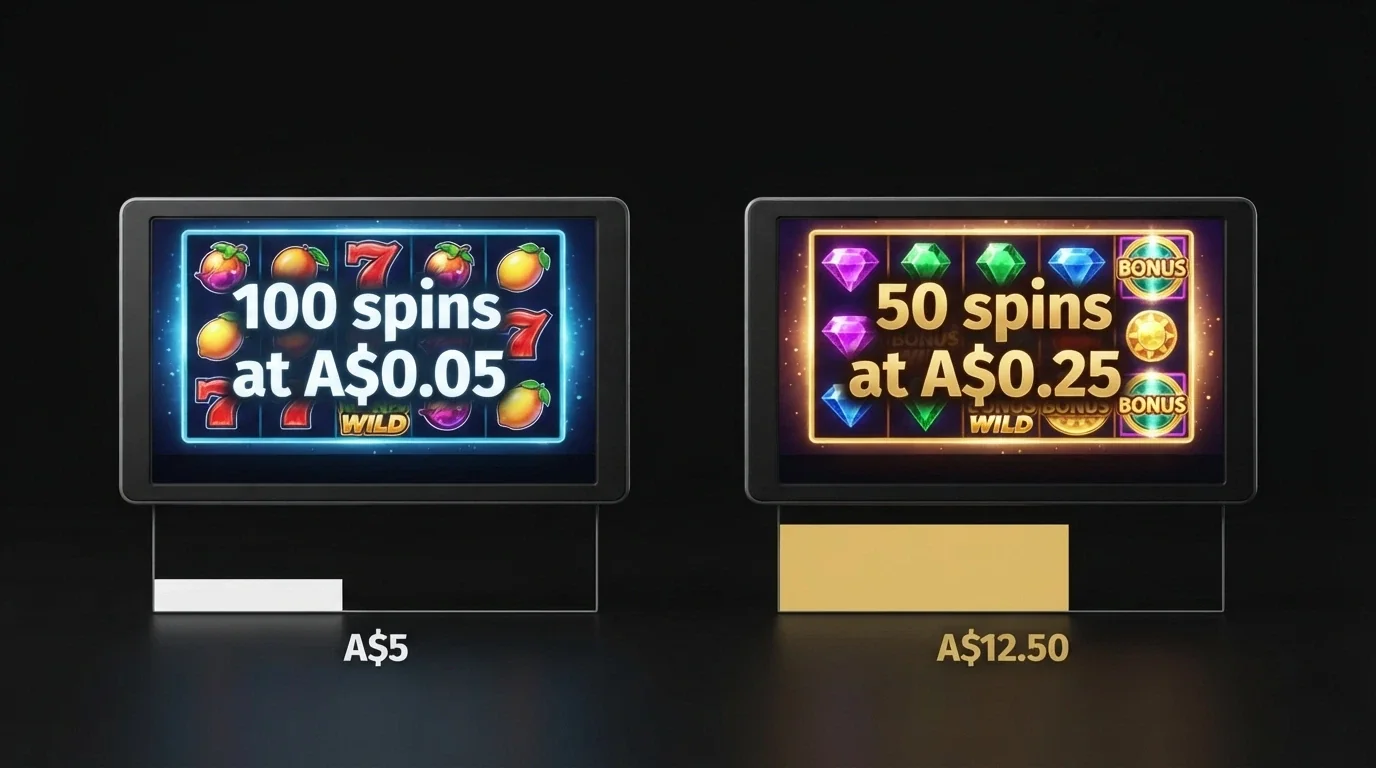 Two pokies screens side by side, one showing 100 spins at A$0.05 and the other showing 50 spins at A$0.25