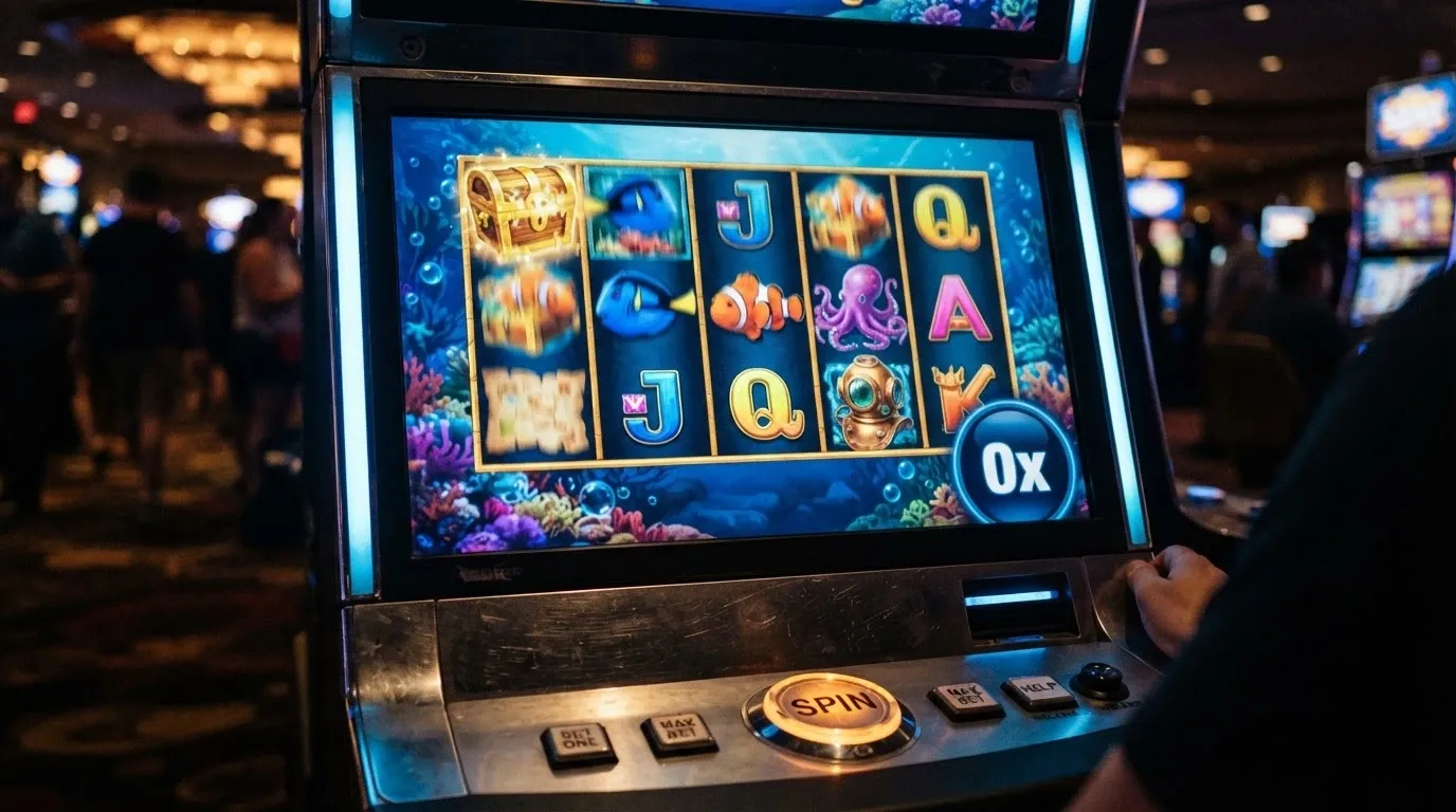 A close-up of a pokie spin button with a “0x wagering” badge overlaid on the reels