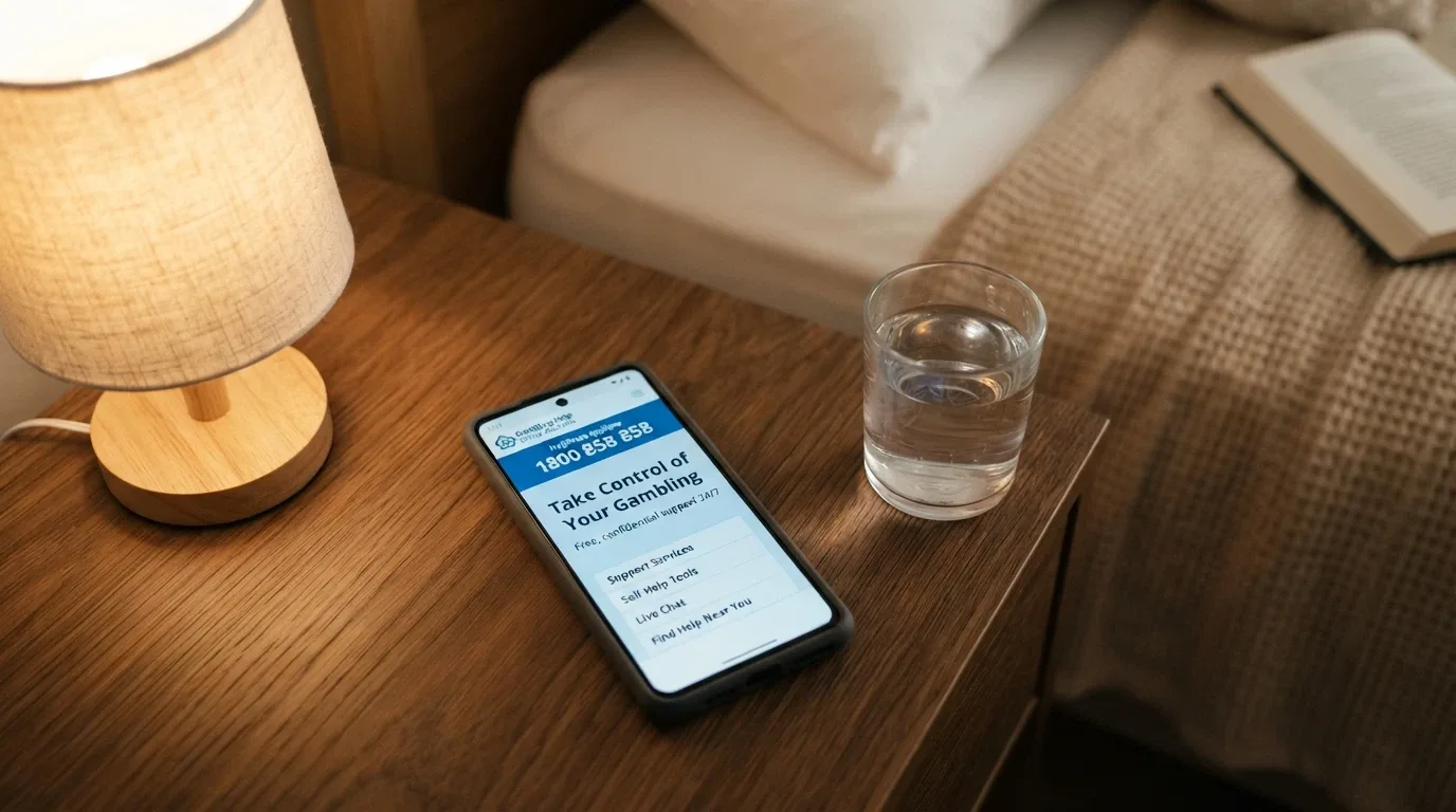 A phone displaying the Gambling Help Online homepage with the National Gambling Helpline number 1800 858 858 visible on screen.
