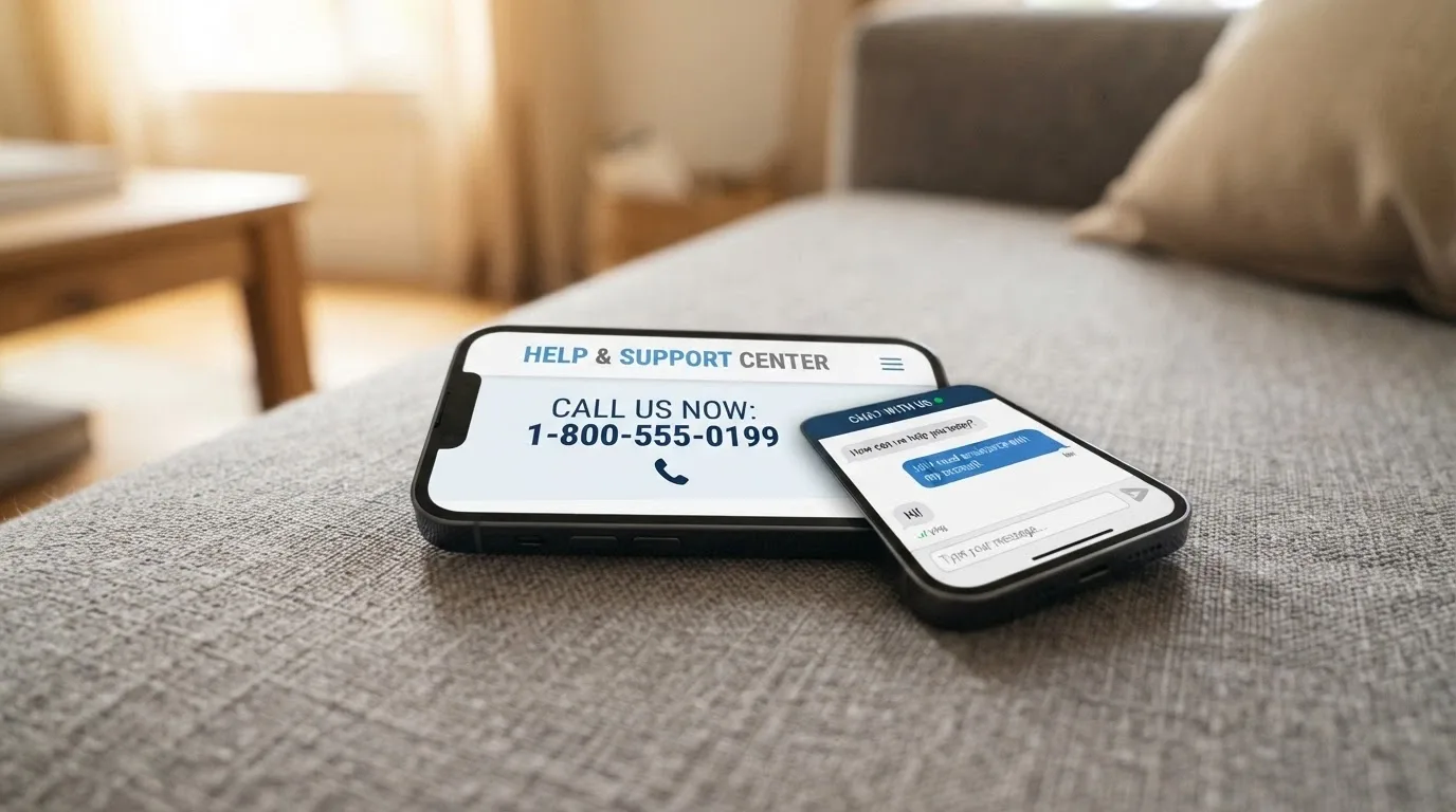 A mobile phone showing the Gambling Help Online homepage with the 1800 858 858 number prominently displayed and a chat window open