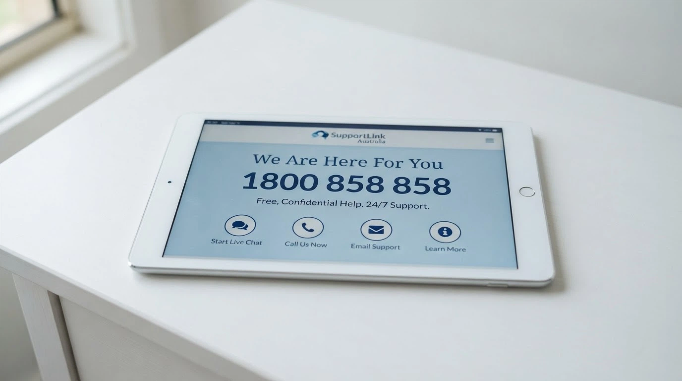 An iPad displaying the Gambling Help Online homepage with the National Gambling Helpline number 1800 858 858 visible