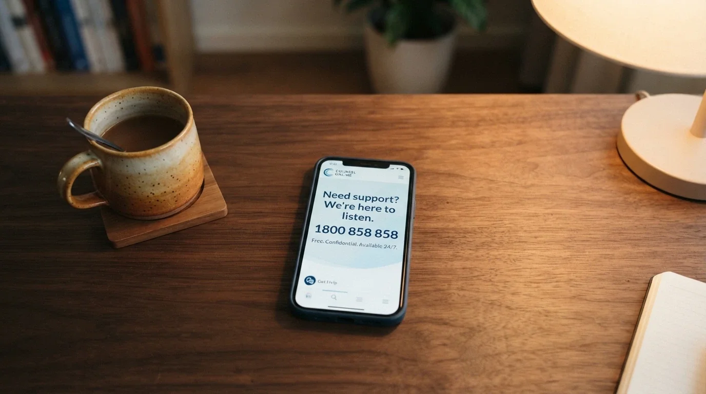 The Gambling Help Online website on a device screen with the 1800 858 858 number visible