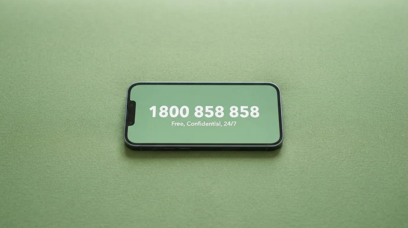 A phone screen displaying the National Gambling Helpline number 1800 858 858 with the text “Free, Confidential, 24/7” on a supportive green background.