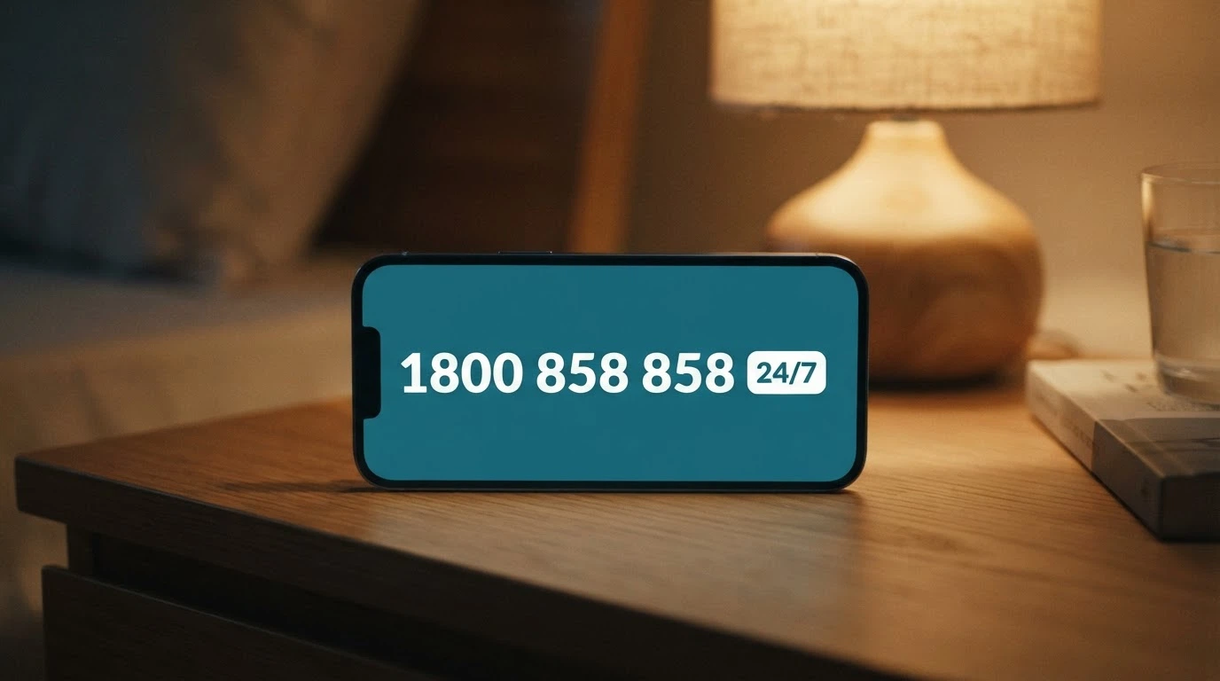 a phone screen showing the National Gambling Helpline number 1800 858 858 with a 24/7 badge beside it