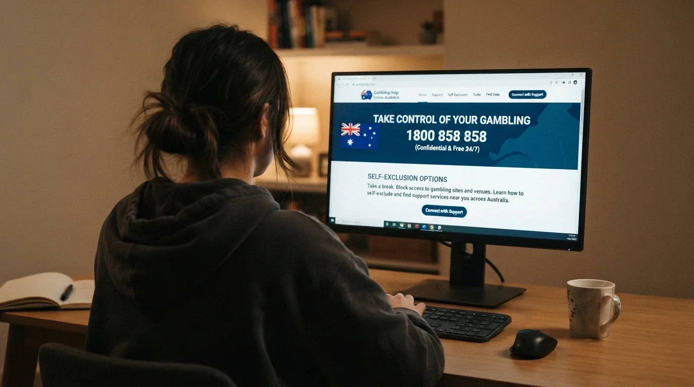 A person at a desk looking at a computer screen showing the Gambling Help Online homepage, with the National Gambling Helpline number 1800 858 858 clearly displayed