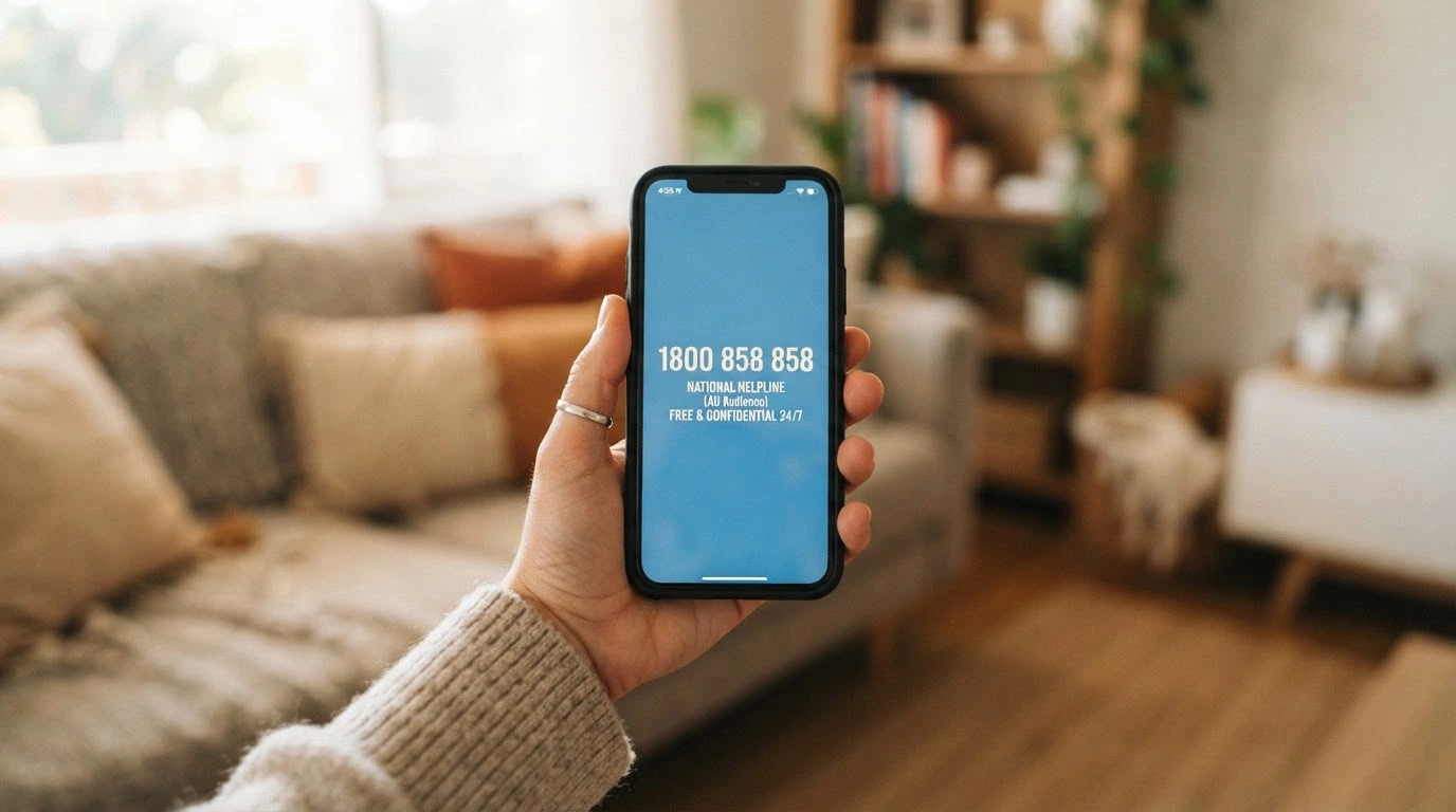 A hand holding a smartphone with the number 1800 858 858 on screen, framed by a warm support-service setting