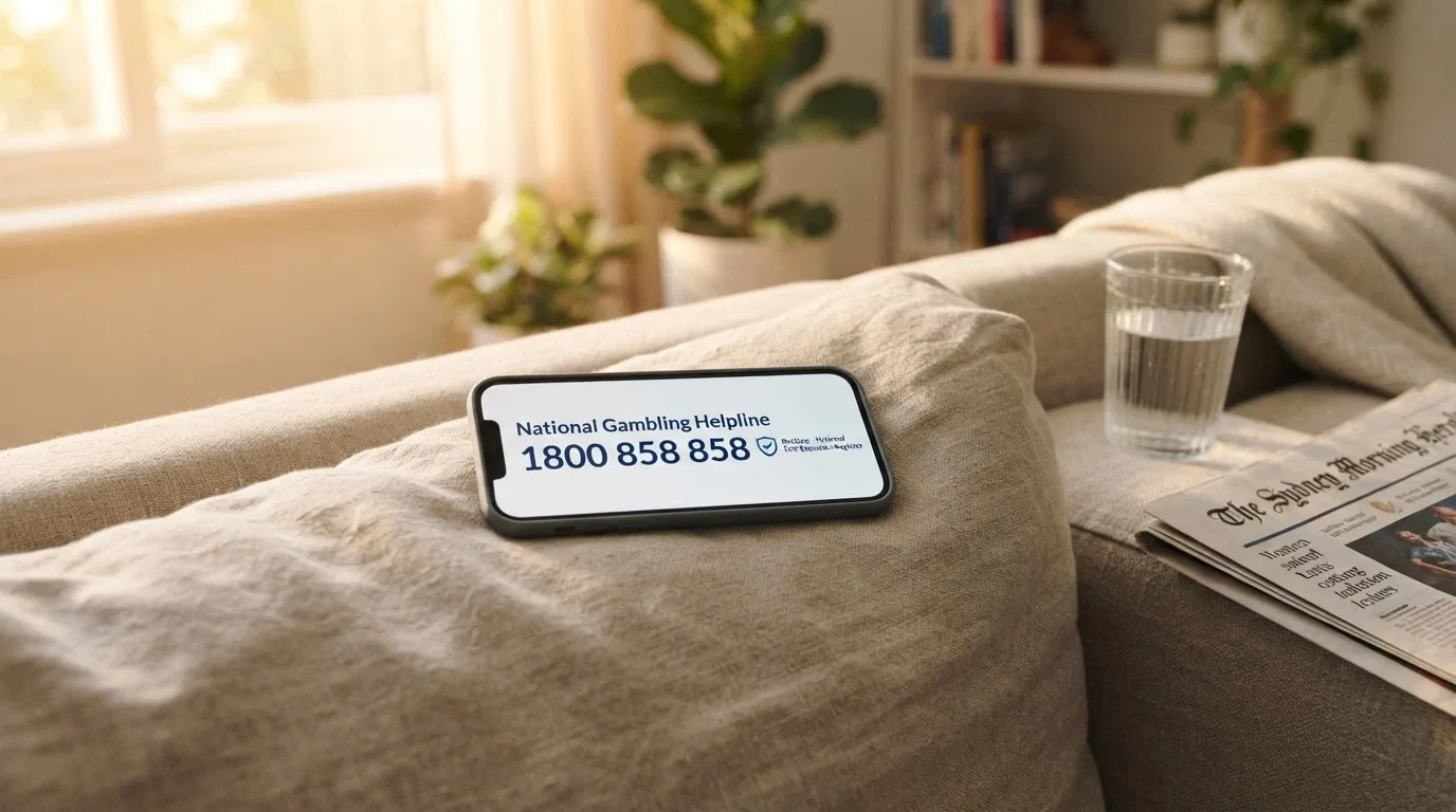 Phone screen showing the 1800 858 858 National Gambling Helpline number alongside the BetStop and Gambling Help Online logos